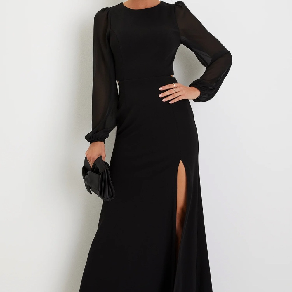 Lulu's Black Garden Bliss Cutout Sleeve Slit Gown